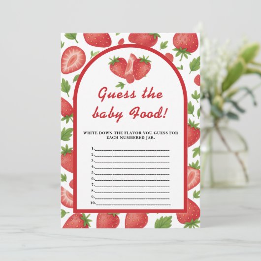 Raten Sie mal das Baby Food Erdbeere Berry Sweet G Einladung (Stehend Vorderseite)