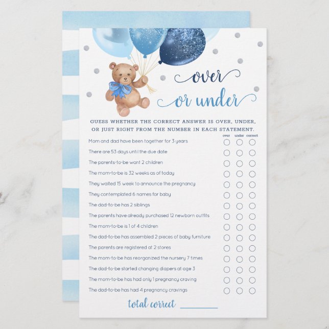 Raten Sie mal über oder unter dem Game Baby Shower (Vorne/Hinten)