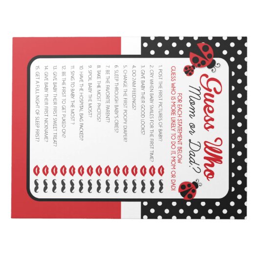 Raten Sie mal, wer Ladybug Baby Shower Game Pack Notizblock (Vorderseite)