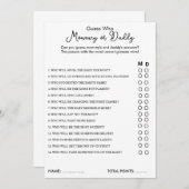 Raten Sie mal, wer Mama oder Daddy Game Baby Showe Hinweiskarte (Vorne/Hinten)