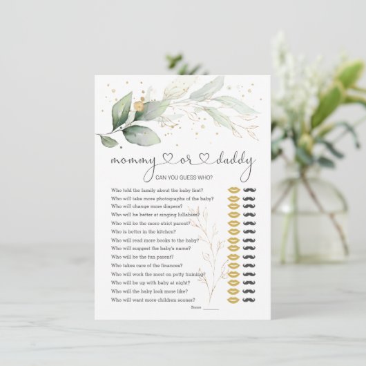 Raten Sie mal, wer Mama oder Papa Baby Duschspielg Einladung (Stehend Vorderseite)