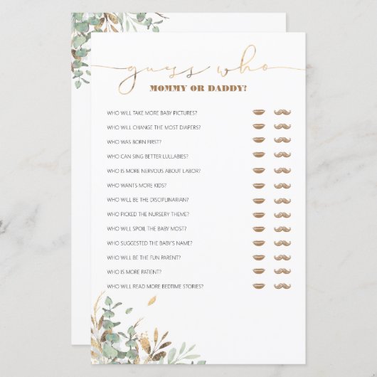 Raten Sie mal, wer Mama oder Papa Baby Shower Game (Vorne/Hinten)
