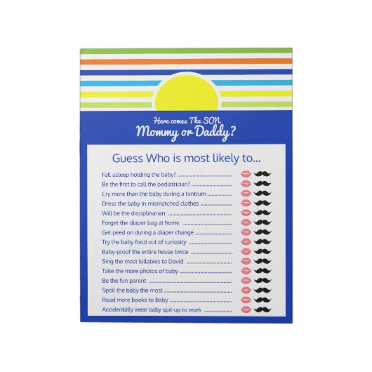 Raten Sie mal, wer Mama oder Papa Baby Shower Game Notizblock (Rotiert)