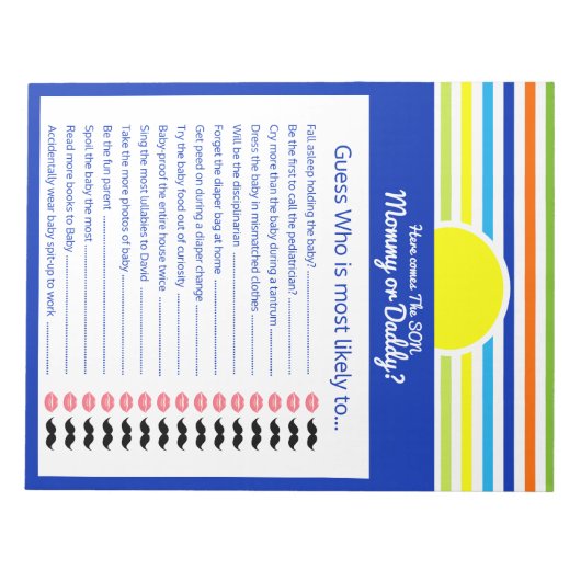 Raten Sie mal, wer Mama oder Papa Baby Shower Game Notizblock (Vorderseite)