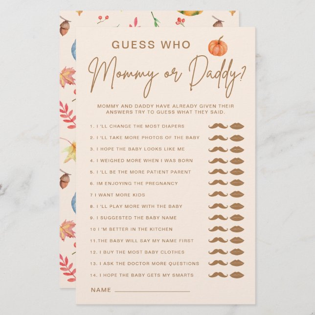 Raten Sie mal, wer Mama oder Papa Pumpkin Baby Sho (Vorne/Hinten)