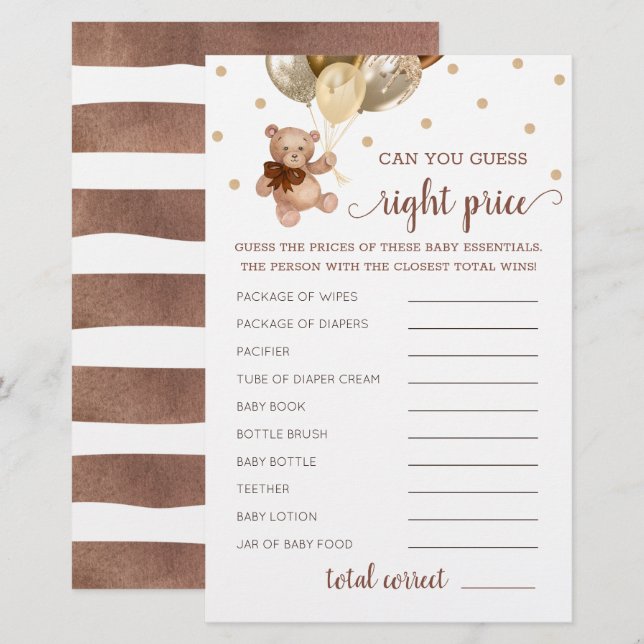 Raten Sie richtig Preis Spiel Baby Dusche Teddy Be (Vorne/Hinten)