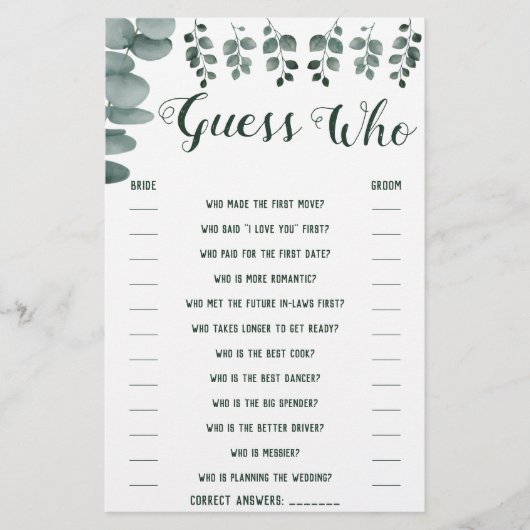 Raten Sie, wer Grüne Eukalyptus Duschspielkarte Flyer (Vorne)