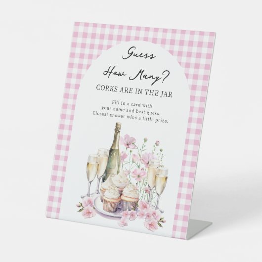 Raten Sie, wie viele Champagner und Cupcake Brautp Sockelschild (Vorderseite)