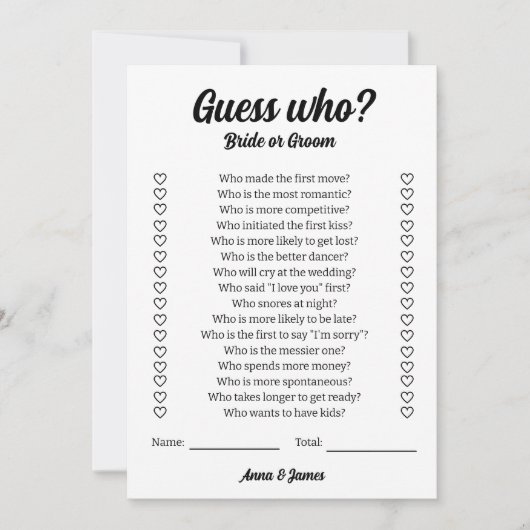 Ratet, wer Braut oder Groom Hochzeitsspiel ist Karte (Vorderseite)