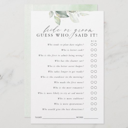 Ratet, wer Bridge oder Groom - Green Game Card (Vorne/Hinten)