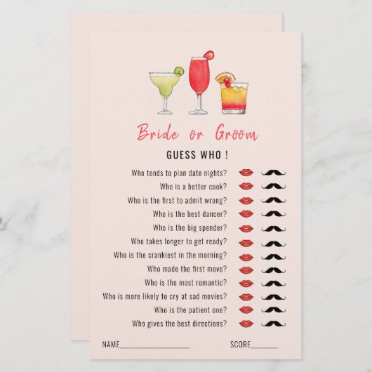 Ratet, wer Cocktail trinkt Dusche Spiel (Vorne/Hinten)