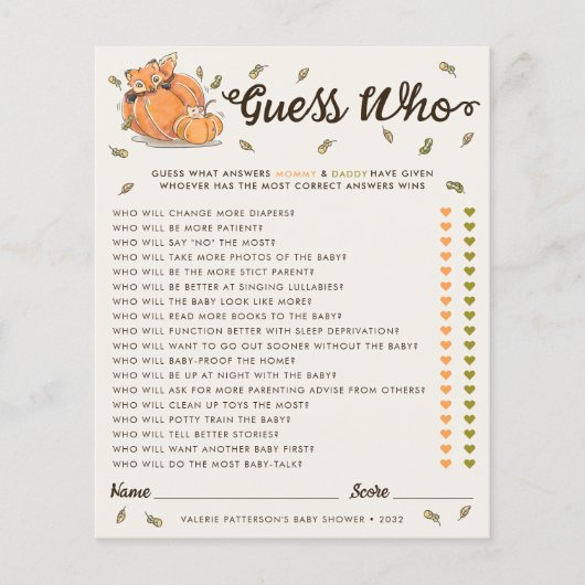 Ratet, wer das Baby-Duschspiel im Herbst spielt (Vorderseite)