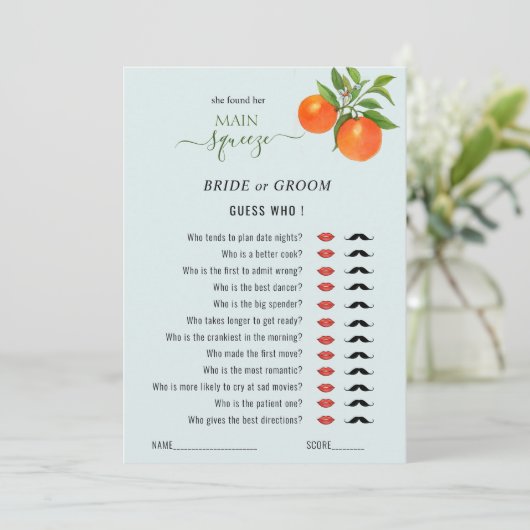 Ratet, wer das Brautparty "Main Squeeze" spielt Einladung (Stehend Vorderseite)