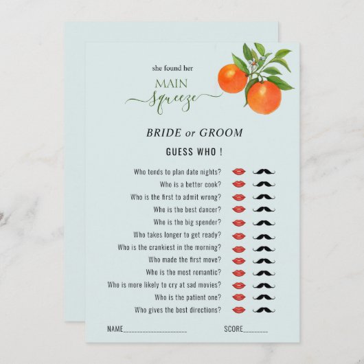 Ratet, wer das Brautparty "Main Squeeze" spielt Einladung (Vorne/Hinten)