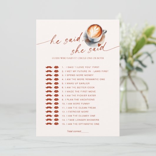 Ratet, wer es gesagt hat Kaffee Brautparty Game Einladung (Stehend Vorderseite)