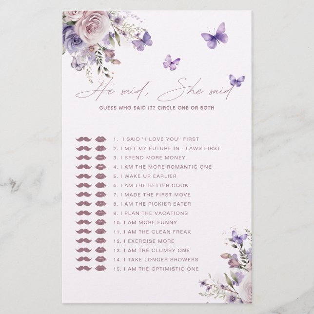 Ratet, wer es Mauve Butterfly Game Card gesagt hat (Vorderseite)