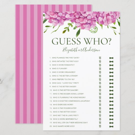 Ratet, wer Hydrangeas Brautparty Game Pink (Vorne/Hinten)