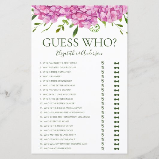 Ratet, wer Hydrangeas Brautparty Game Pink (Vorderseite)