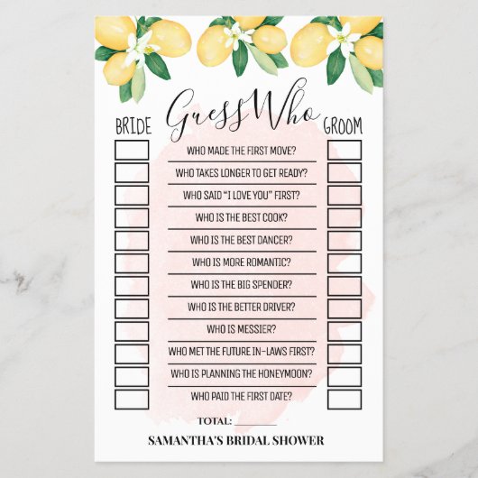 Ratet, wer Lemons rosafarbene Brautparty-Spielkart Flyer (Vorne)