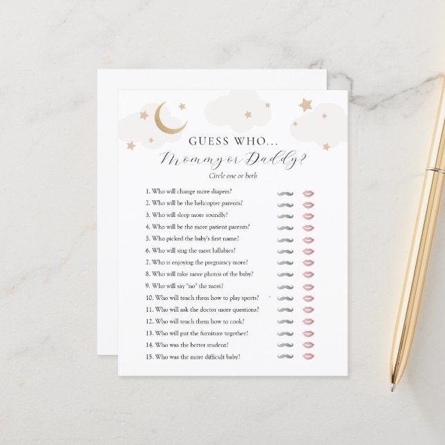 Ratet, wer Mama oder Daddy Baby Shower Spielkarte (Vorderseite/Rückseite Beispiel)