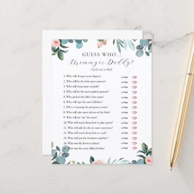 Ratet, wer Mama oder Daddy Baby Shower Spielkarte (Vorderseite/Rückseite Beispiel)