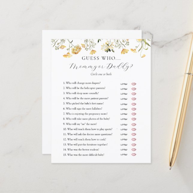 Ratet, wer Mama oder Daddy Baby Shower Spielkarte (Vorderseite/Rückseite Beispiel)