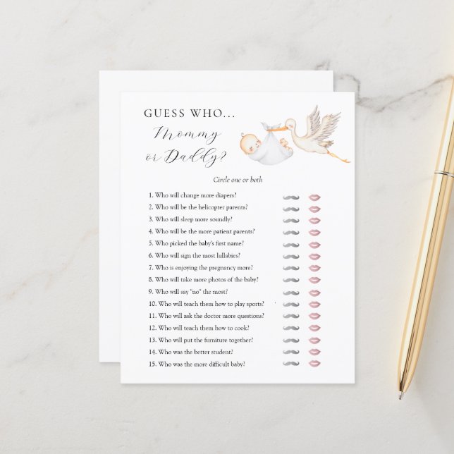Ratet, wer Mama oder Daddy Baby Shower Spielkarte (Vorderseite/Rückseite Beispiel)