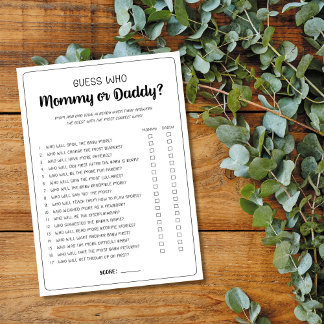 Ratet, wer Mama oder Daddy Game Baby Shower Game Hinweiskarte