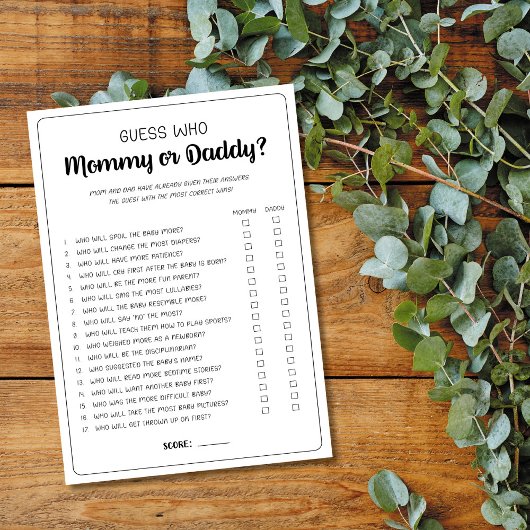 Ratet, wer Mama oder Daddy Game Baby Shower Game Hinweiskarte