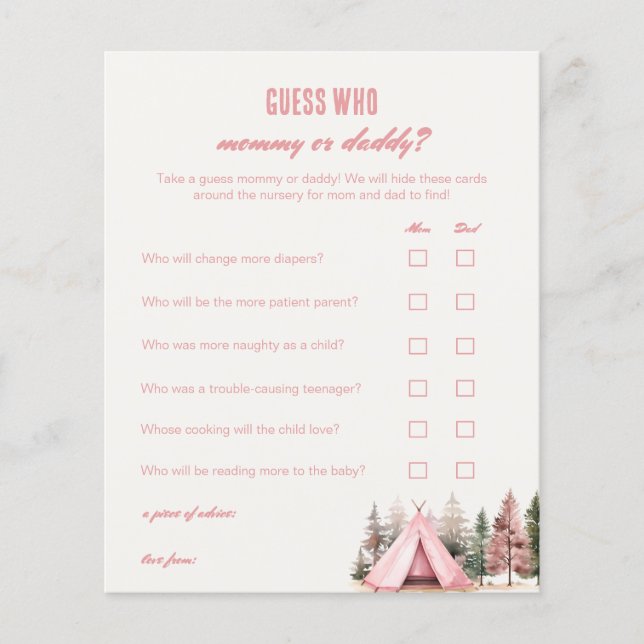 Ratet, wer Mama oder Papa Pink Camping Game (Vorderseite)