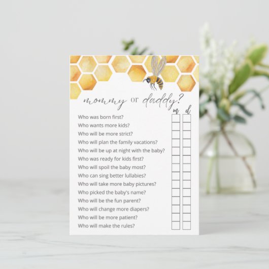 Ratet, wer Mama oder Vater Bee Baby Shower Game Begleitkarte (Stehend Vorderseite)