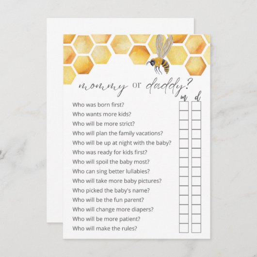 Ratet, wer Mama oder Vater Bee Baby Shower Game Begleitkarte (Vorne/Hinten)