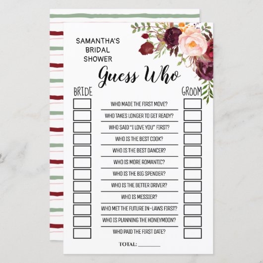 Ratet, wer Marsala Blume Brautparty Game (Vorne/Hinten)