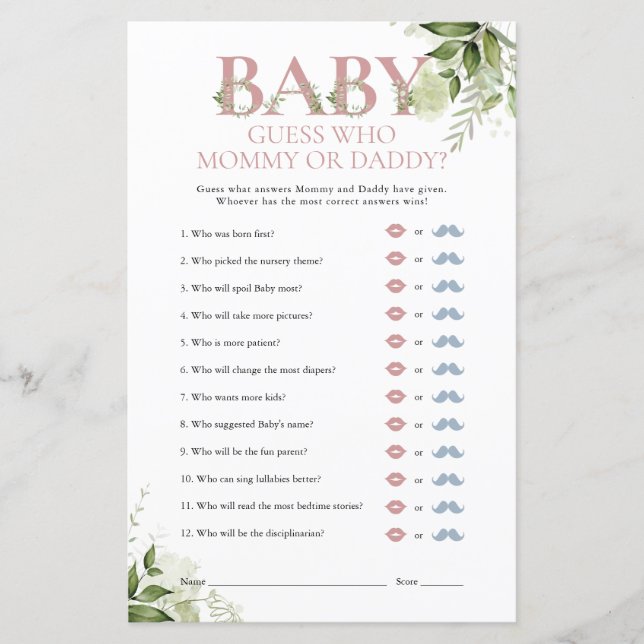 Ratet, wer Mommy Daddy Greenerenery Baby Shower Ga (Vorderseite)