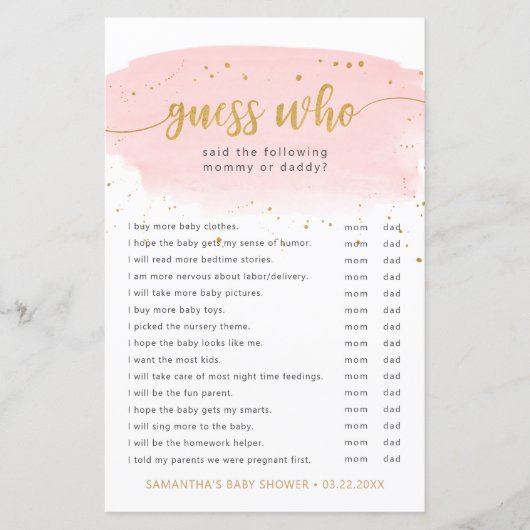 Ratet Wer rosa Wasserfarbe + goldenes Baby Duschsp (Vorderseite)