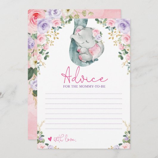 Ratschlag für Mami, eine rosa Lila Elefantenkarte  Einladung (Vorne/Hinten)