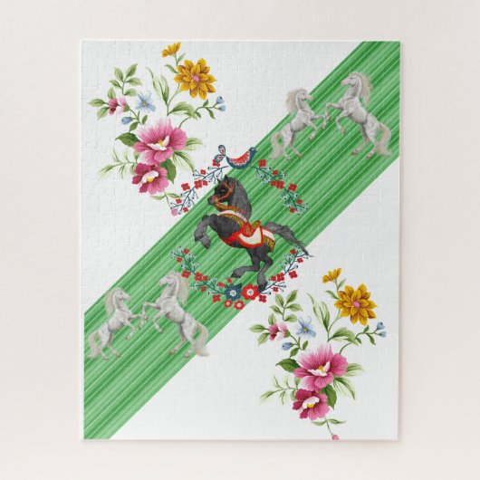 Rätsel Blumengrün Streifen Weißes Pferd BrownPferd Puzzle (Vertikal)