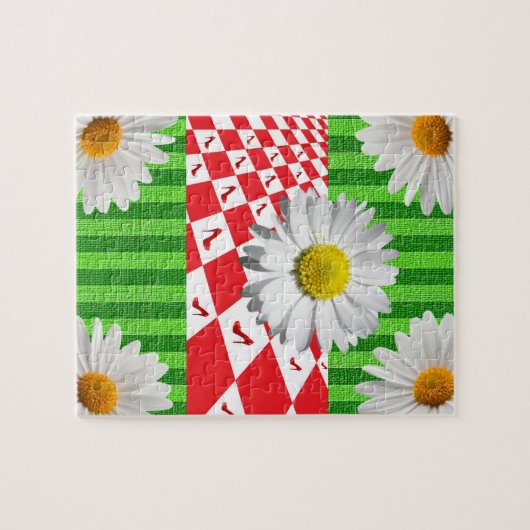 Rätsel Grüner Streifen, weißer Daisy, rote Absätze Puzzle (Horizontal)