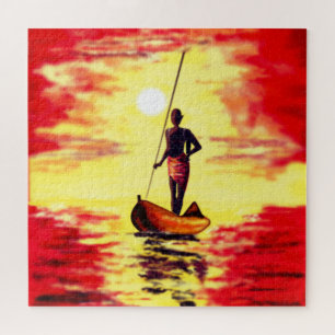 Rätsel mit Fischern auf dem Boot bei Sonnenunterga Puzzle