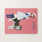Rätsel mit Mädchen, die Huskehunde laufen. Individ Puzzle (Horizontal)