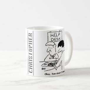 Rätselfreund fragt an einem Helpdesk Kaffeetasse