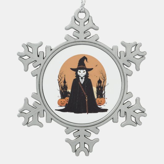 rätselhafte Katze Schneeflocken Zinn-Ornament (Vorderseite)