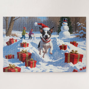 Ratt Terrier läuft im Schnee mit Weihnachtsmütze Puzzle