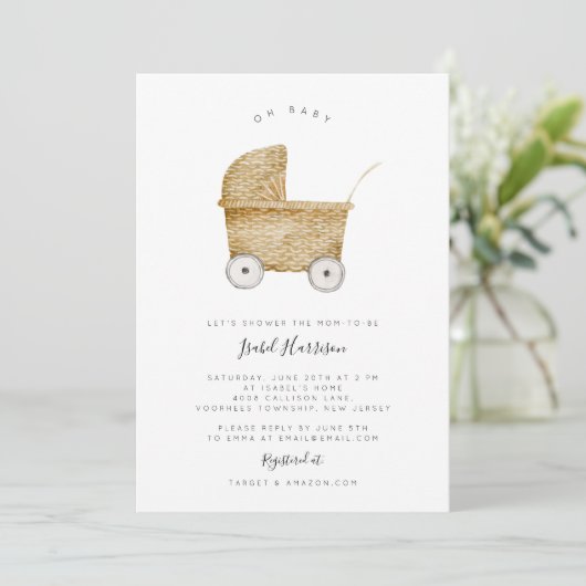 Rattan Stroller Minimalistisch Baby Shower Einladu Einladung (Stehend Vorderseite)