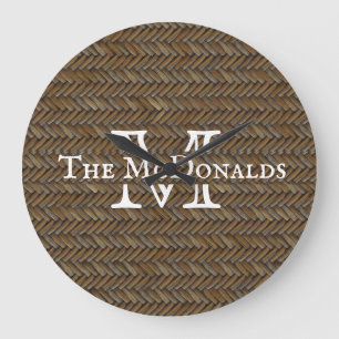 Rattan Wicker Boho Monogram Basketweave   Große Wanduhr