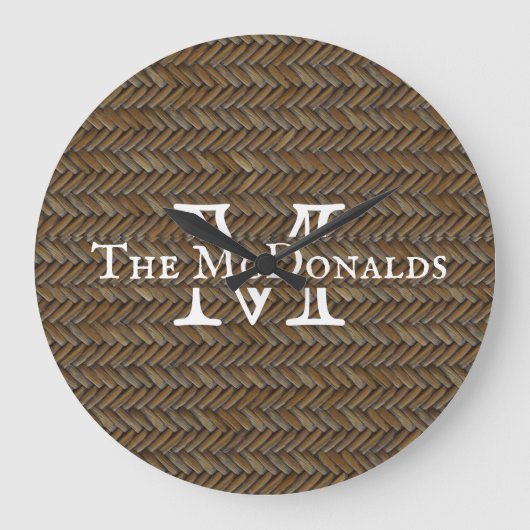 Rattan Wicker Boho Monogram Basketweave   Große Wanduhr (Vorderseite)