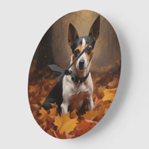 Ratten Terrier im Herbstlaub Fall Inspiriert Große Wanduhr