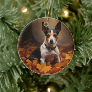 Ratten Terrier im Herbstlaub Fall Inspiriert Keramik Ornament