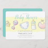 Rattle, Bottle, Diaper, Bib und Schnuller Dusche Einladung (Vorne/Hinten)