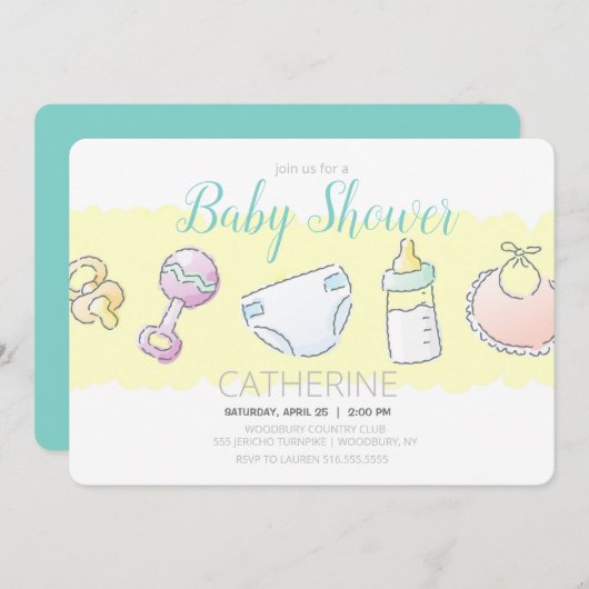 Rattle, Bottle, Diaper, Bib und Schnuller Dusche Einladung (Vorne/Hinten)